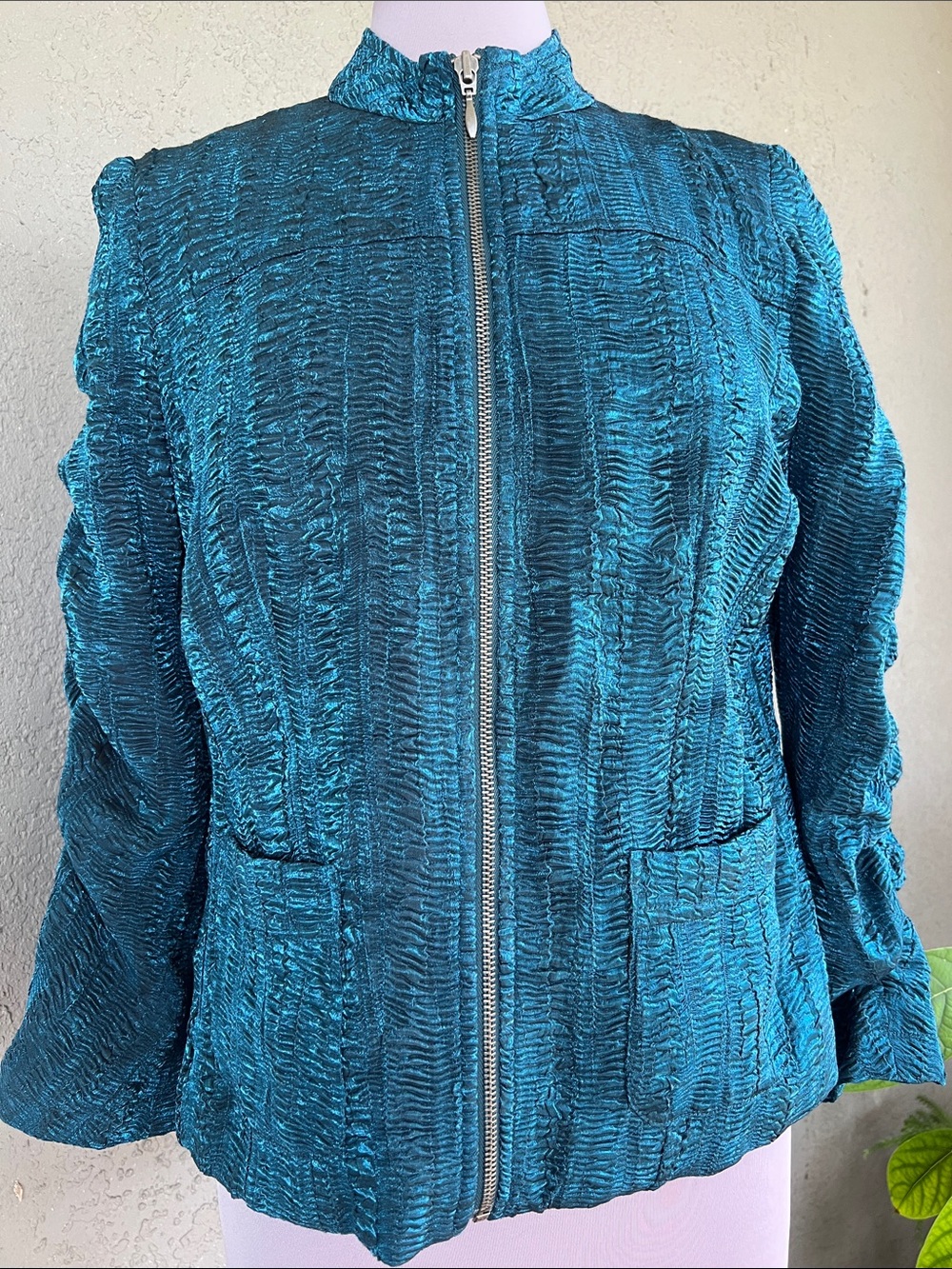 Chico’s Deep Teal Crinkled Long Sleeve Zip-Up Jacket Vintage 90’s Women’s Sz 1 - Picture 3 of 9